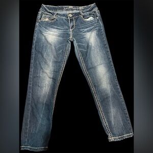 Almost Famous Thick Stitch Distressed Jeans Size 7 Y2K Western Whiskered